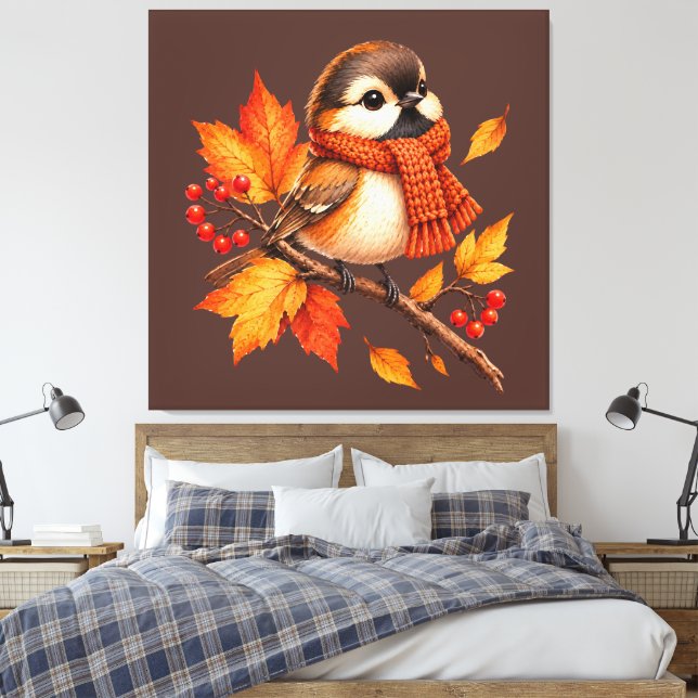 Toile Joli oiseau d'automne avec écharpe confortable – F (Insitu(Chambre))