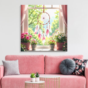 Toile Joli Rêveur Rose et Plantes sur l'Appui de Fenêtre