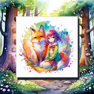 Toile Jolie aquarelle Anime Girl et Fox