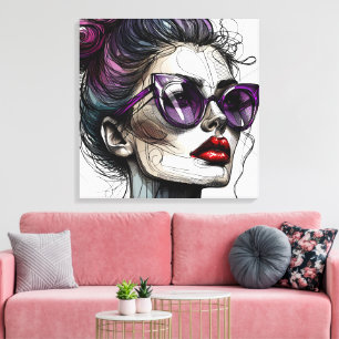 Toile Jolie femme avec lunettes de soleil et rouge à lèv