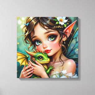 Toile Jolie fille aux thèmes de fée et de dragon  