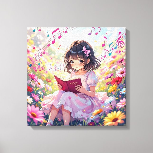 Toile Jolie Fille d'Anime Lisant un Livre (Recto)