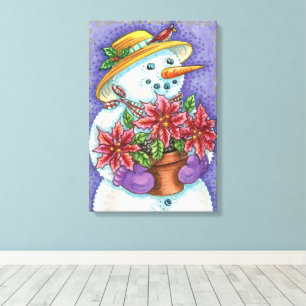 Toile Jolie fille de Noël Bonhomme de neige avec Poinset