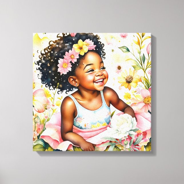 Toile Jolie petite fille en Fleurs roses Aquarelle Art (Recto)