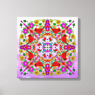 Toile Jolies cardinales et fleurs colorées Mandala