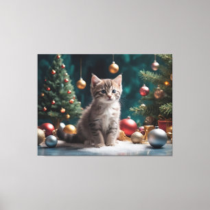 Toile Jouer Kitten de Noël par l'arbre avec ornement
