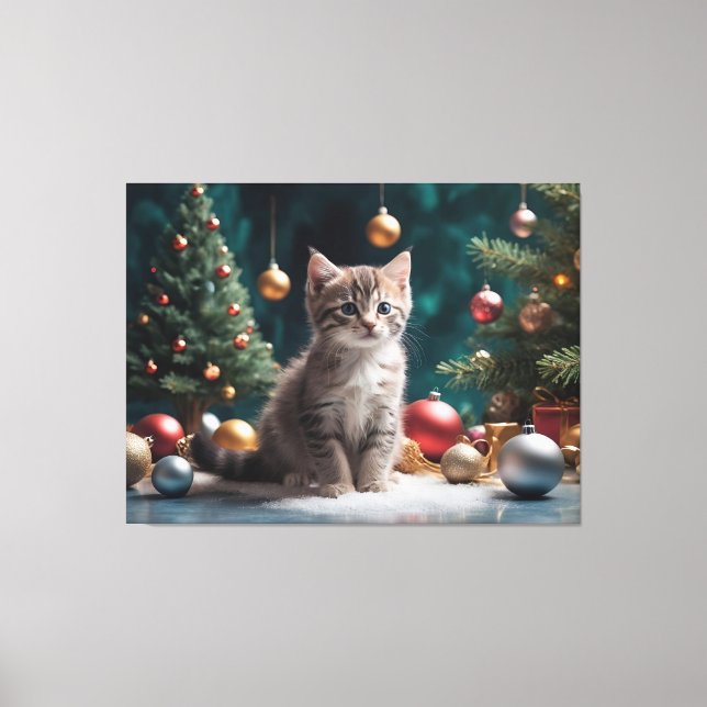 Toile Jouer Kitten de Noël par l'arbre avec ornement (Recto)