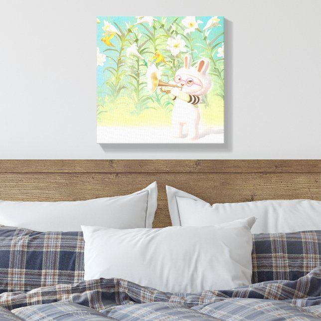 Toile Joueur de trompette lapin bébé avec oiseau dans ja (Insitu(Chambre))