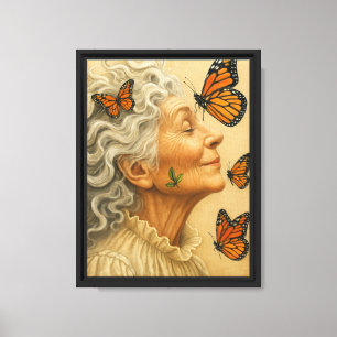 Toile Joyeuse femme âgée avec des papillons