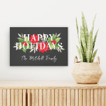 Toile Joyeuses vacances Gris Noël Floral Nom de famille<br><div class="desc">Ce tapis de Noël à la typographie florale moderne est décoré d'une formulation "Joyeux Vacances" encadrée par un élégant design d'aquarelle et de fleurs d'hiver. Comprend des feuilles saints et des baies, des fleurs de poinsettia et des branches feuillues. Personnalisez le texte du script avec le nom de famille ou...</div>