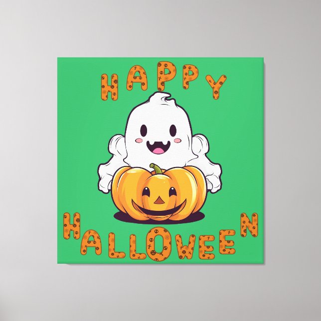 Toile Joyeux fantôme d'Halloween assis sur un citrouille (Recto)