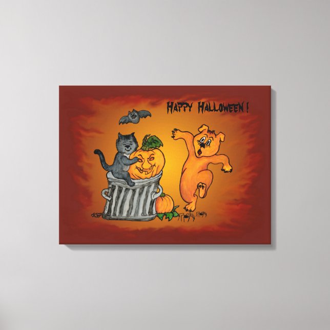 Toile Joyeux Halloween avec Chat Chat Chien et Araignée (Recto)
