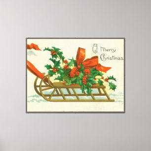 Toile Joyeux Noël - carte postale vintage, traîneau et h