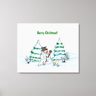 Toile Joyeux Noël! Snowman avec chat et canvas de marion