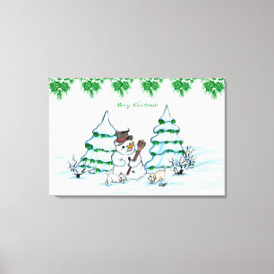 Toile Joyeux Noël ! Snowman avec chat et chiot