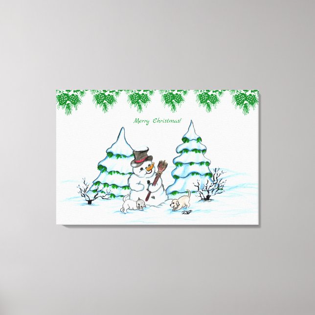 Toile Joyeux Noël ! Snowman avec chat et chiot (Recto)