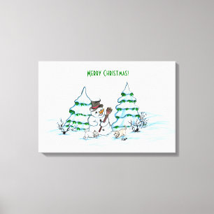 Toile Joyeux Noël ! Snowman avec chat et chiot