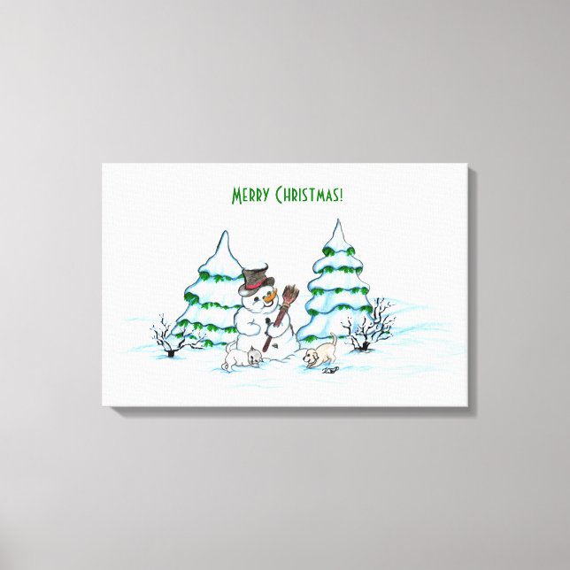 Toile Joyeux Noël ! Snowman avec chat et chiot (Recto)