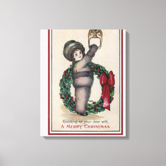 Toile Joyeux NoëlKid Knocke avec une couronne (Recto)