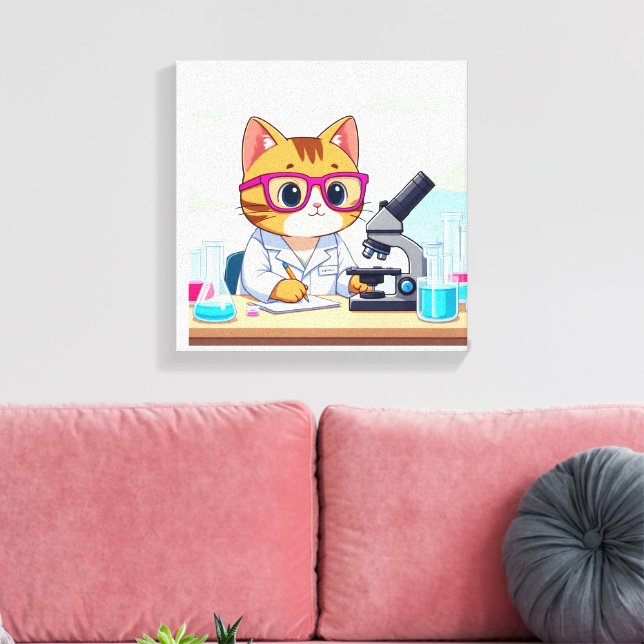 Toile Kawaii Scientist Cat – Cute Cartoon Lab Canvas Art (Insitu(Salon))