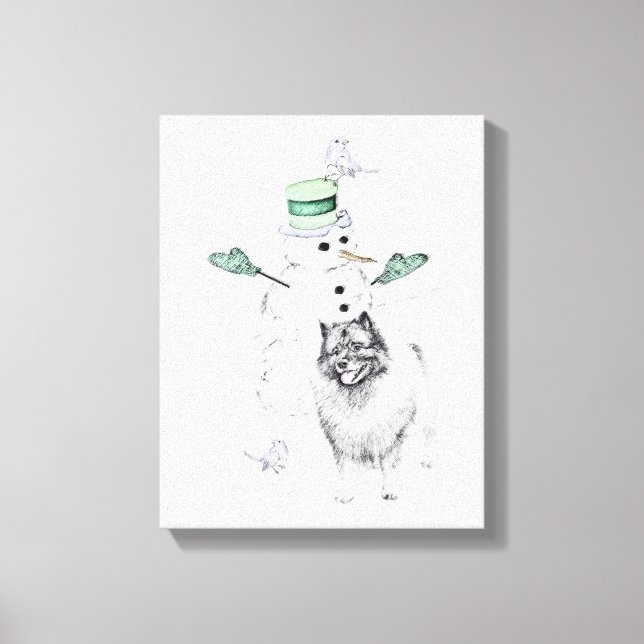 Toile Keeshond Noël Snowman Peinture Chien Art (Recto)