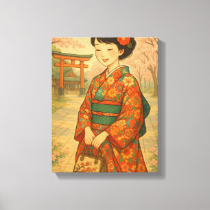 Toile Kimono japonais et fleurs de cerisiers