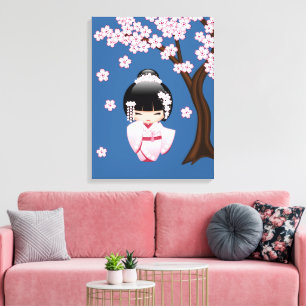 Toile Kimono rose Kawaii Kokeshi sur fond bleu