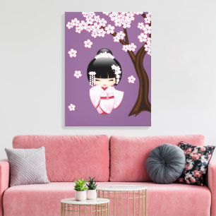 Toile Kimonon rose Kawaii Poupée Kokeshi sur fond violet