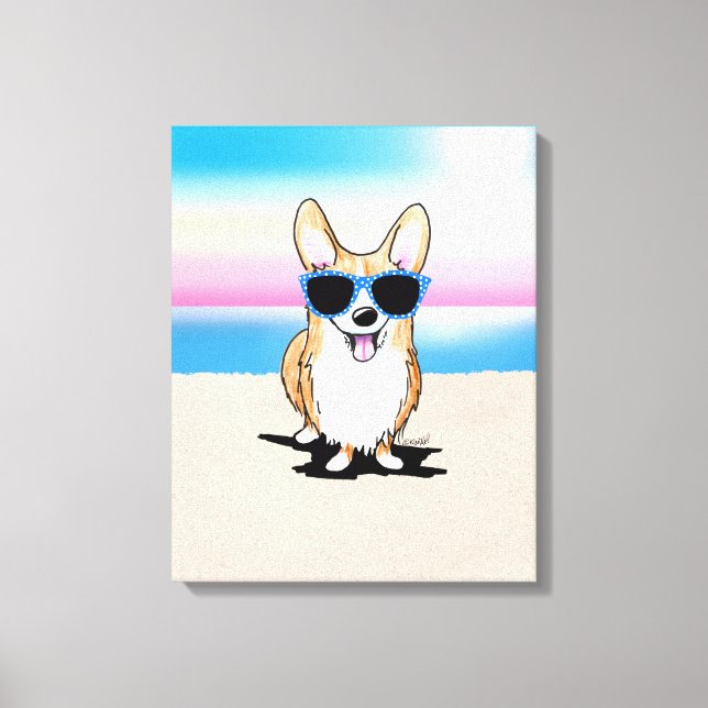 Toile KiniArt Corgi Dog Beach Canvas Imprimer (Recto)