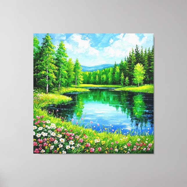 Toile Lac dans un paysage forestier luxuriant fleuri de  (Recto)