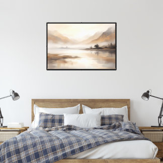 Toile Lac de montagne brumeux – Paysage neutre et doux