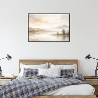 Toile Lac de montagne brumeux – Paysage neutre et doux