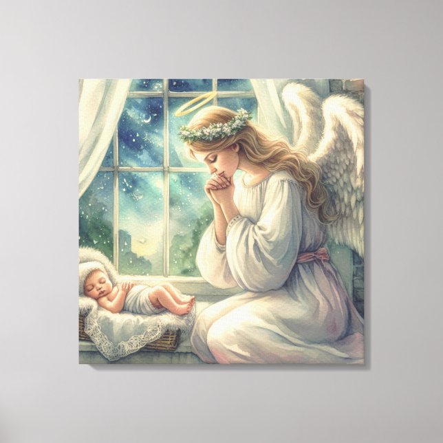 Toile l'ange gardien prie près du berceau du bébé  (Recto)
