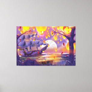 Toile Lanternes chinoises au bord d'une rivière lune
