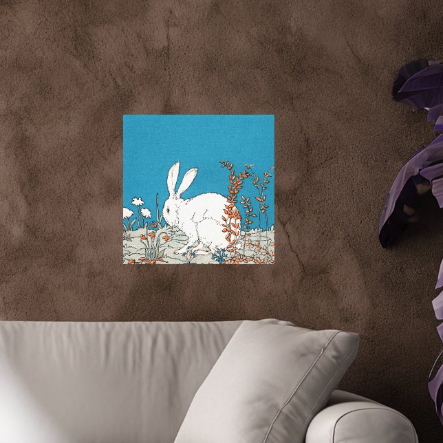 Toile Lapin Blanc Élégant Vintage (Fluffy white rabbit sitting in orange and white flowers on deep blue canvas art print.)