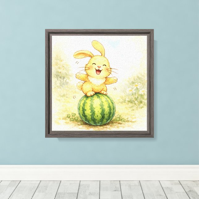 Toile Lapin joyeux en équilibre sur pastèque (Insitu (Plancher de Bois))