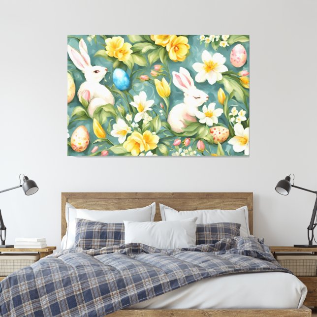Toile lapins, fleurs de printemps et oeufs de Pâques. Pe (Insitu(Chambre))