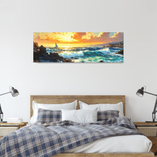 Toile Large Mer Méditerranée coucher de soleil doré