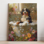 Toile L'art bernois des chiens de montagne | Bernese Dan<br><div class="desc">Art avec un chien de montagne bernois jouant et profitant d'un bain relaxant plein de bulles et de belles fleurs. Cette charmante oeuvre ajoute une touche de chaleur et de personnalité à votre espace,  ce qui le rend plus accueillant et joyeux.</div>