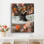 Toile L'art du chien de taureau français | Frenchie dans<br><div class="desc">L'art français de Bulldog avec un Bulldog français ludique,  profitant d'un bain relaxant rempli de bulles et de belles fleurs. Cette charmante oeuvre ajoute une touche de chaleur et de personnalité à votre espace,  ce qui le rend plus accueillant et joyeux.</div>