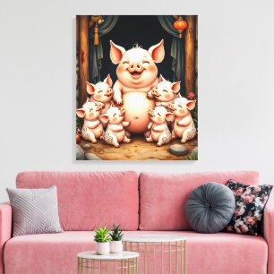 Toile L'art du cochon - Mère et porcelets