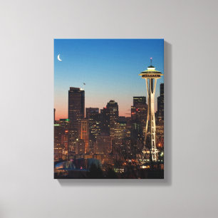 Toile Le drapeau américain vole entre la lune montante