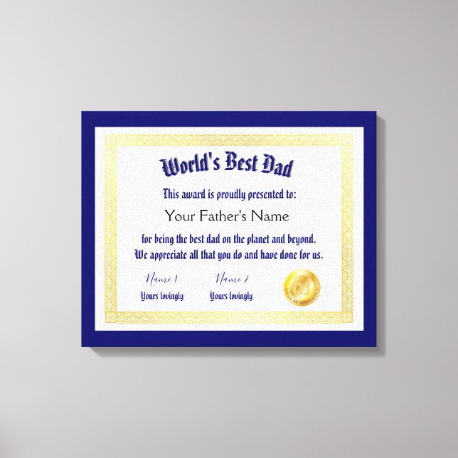 Toile Le meilleur certificat papa du monde Funny moderne (Recto)