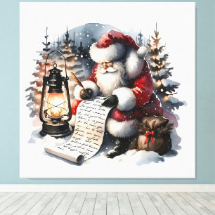 Toile Le Père Noël vérifie sa liste en aquarelle