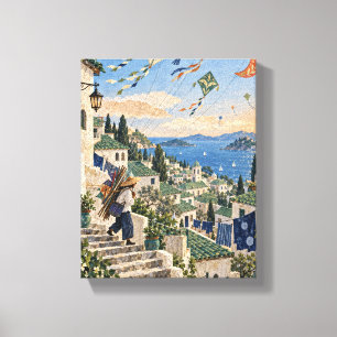 Toile Le Vendeur de Cerfs-Volants au-dessus des Toits de