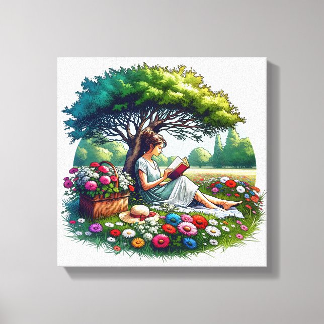 Toile Lecture de fille sous un arbre entouré de fleurs (Recto)