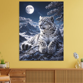 Toile Léopard des neiges sous la pleine lune – Montagne