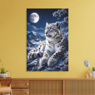 Toile Léopard des neiges sous la pleine lune – Montagnes