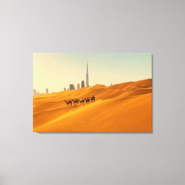 Toile Les déserts | Vue Skyline de Dubaï avec chameaux (Recto)