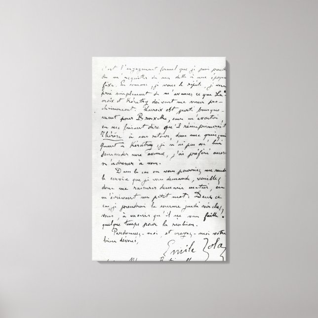 Toile Lettre de Zola à Edouard Manet 1868 (Recto)